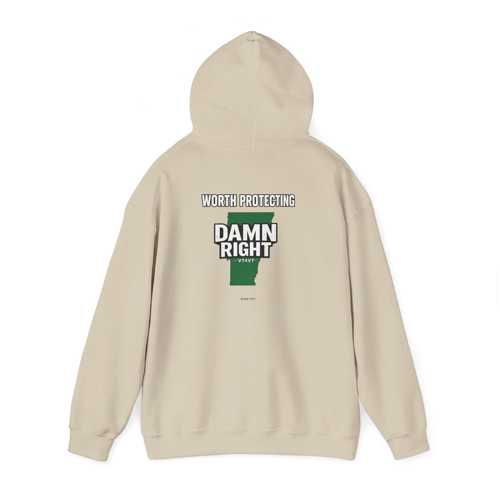 VT4VT WHITE COLLAR Hoodie — "Vermont's Future Worth Protecting — DAMN RIGHT"