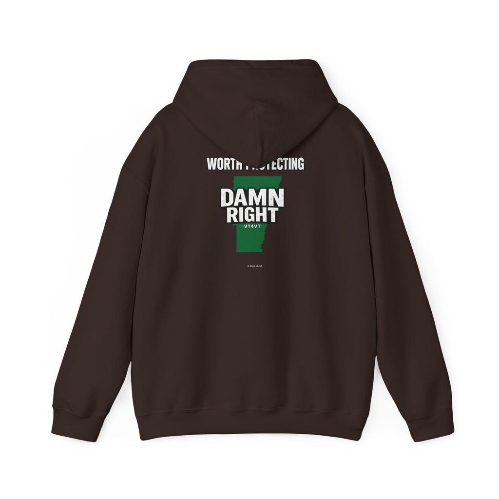 VT4VT WHITE COLLAR Hoodie — "Vermont's Future Worth Protecting — DAMN RIGHT"