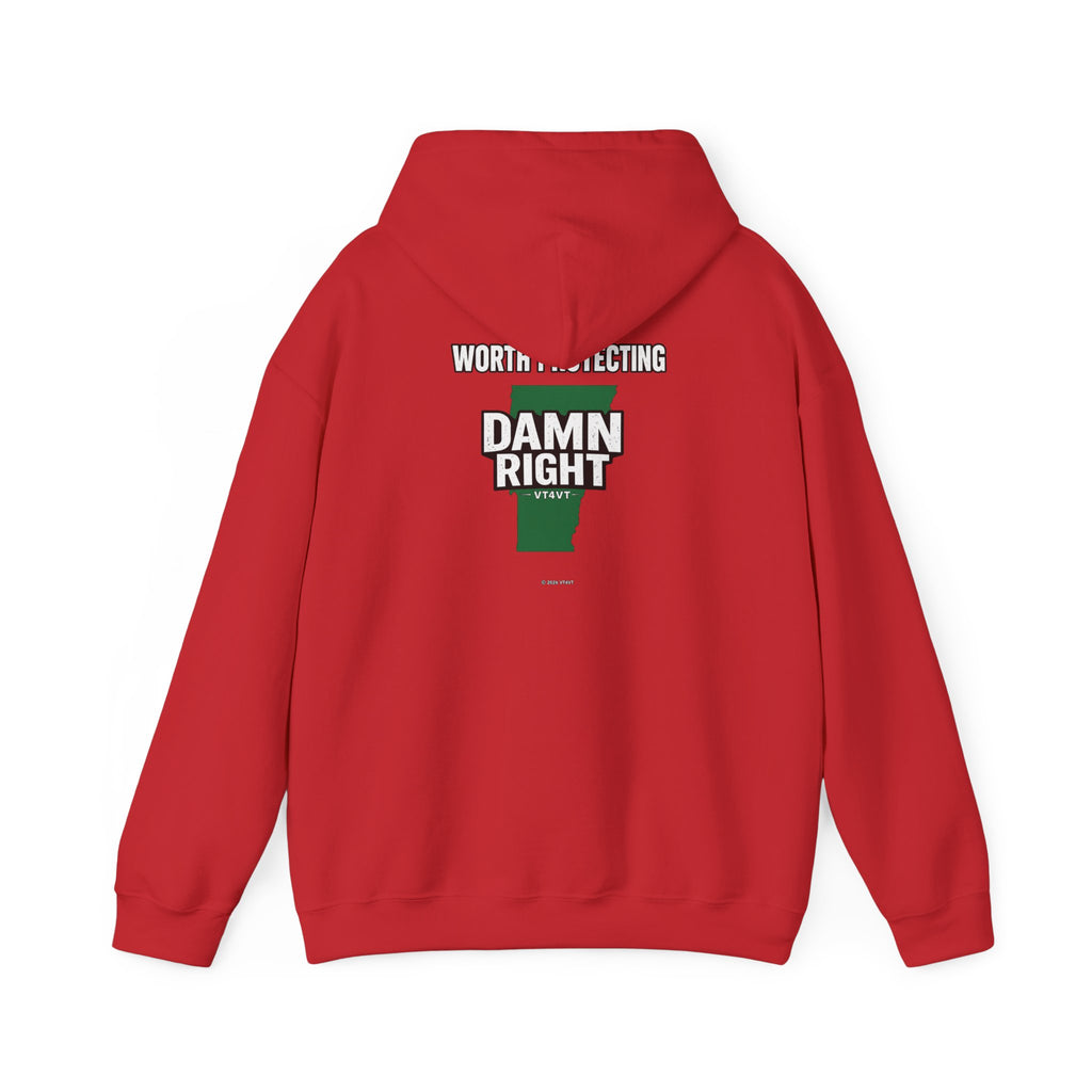 VT4VT WHITE COLLAR Hoodie — "Vermont's Future Worth Protecting — DAMN RIGHT"