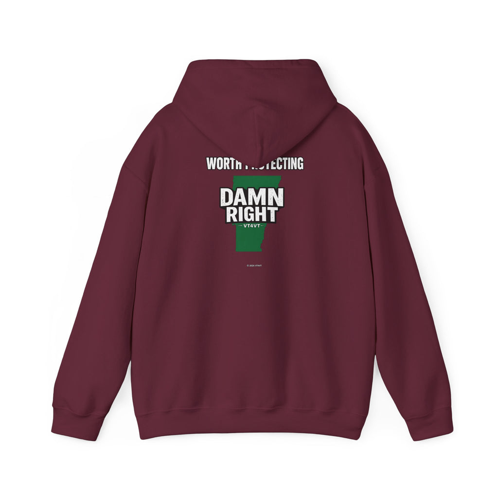 VT4VT WHITE COLLAR Hoodie — "Vermont's Future Worth Protecting — DAMN RIGHT"
