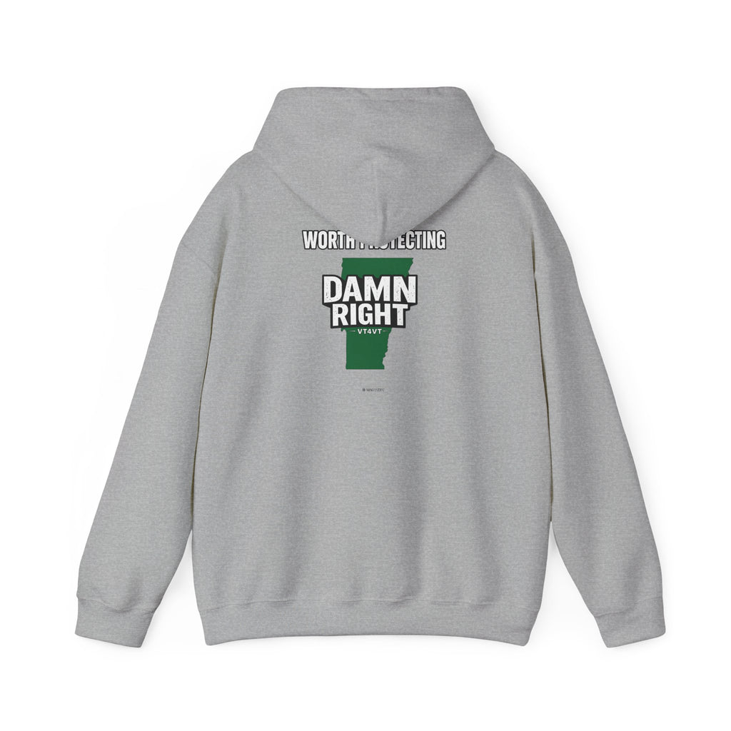 VT4VT WHITE COLLAR Hoodie — "Vermont's Future Worth Protecting — DAMN RIGHT"